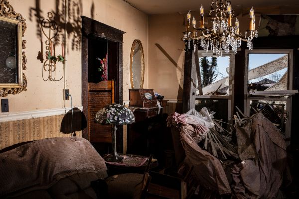 The living room of the Muehlbauer home was destroyed after a tornado outbreak in Dawson Springs, Ky., on Monday, December 13, 2021.
