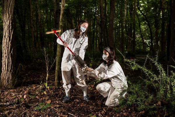 Associate Research Specialist, Elizabeth McGovern, (left) and Assistant Research Specialist, Megan Schierer, (right) take a soil sample at the Cary Institute of Ecosystem Studies in Millbrook, N.Y., on Thursday, July 9, 2020.
