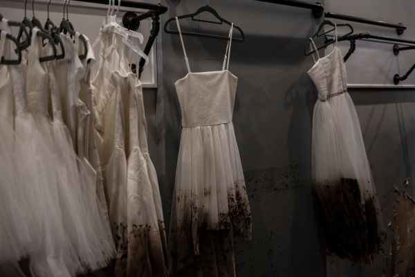 Destroyed wedding dresses hang at Highline Fashion which was destroyed by flooding due to the remnants of Hurricane Ida in Millburn, N.J., on Thursday, September 2, 2021.