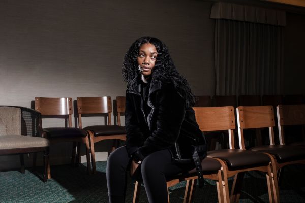 Kean University student Jessica Polynice poses for a portrait during a Kean University course on death at Galante Funeral Home in Union, N.J., on Wednesday, February 2, 2022.