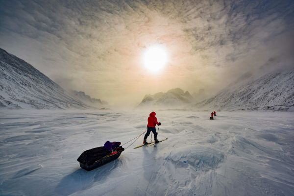 Ski traverse through Akshayuk Pass on Baffin Island in Canada's arctic.