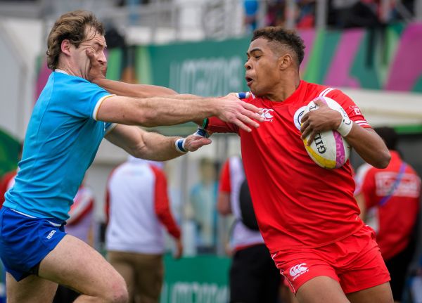#7 Canada competes in rugby sevens at the Lima 2019 Pan American Games on July 26, 2019.