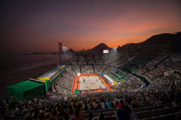 Sunset at the beach volleyball arena in Copacabana Beach on day 1 of the Rio 2016 summer Olympic games.