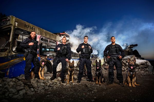 VPD 2018 K9 Calendar - Rubble pile with new dog handlers.