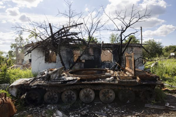 A destroyed Russian tank in a village on the outskirts of Kharkiv, Ukraine’s second largest city located approximately 45km from the Russian border.