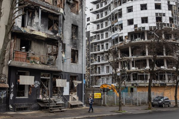Buildings in central Kharkiv that were severely damaged by Russian missile attacks early in Russia’s full-scale invasion of Ukraine.
