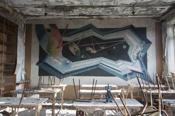 The physics classroom at the destroyed school in Pisky, a Ukrainian controlled village located on the outskirts of the Russian supported separatist held city of Donetsk.