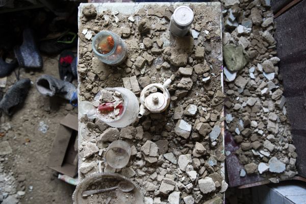 The kitchen table in Valeryj Yakushkin home, which was destroyed in Biskvitne, located approximately 7km east of Kharkiv.