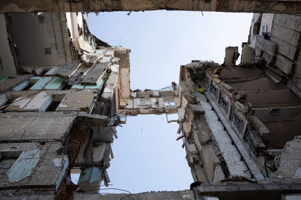 A view of the Regional State Administration building in Mykolaiv, which was destroyed by a Russian rocket attack on March 29, 2022.