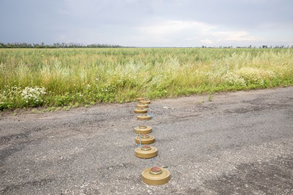Antitank mines in no-mans land divide Ukrainian and Russian forces in the Kharkiv region.