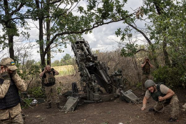 Ukrainian soldiers from the 40th Separate Artillery Brigade fire a Western supplied M777 Howitzer at a Russian military position in Ukraine.