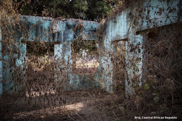 The ruins of buildings destroyed in sectarian fighting in Bria during a 2017 flare-up in conflict.