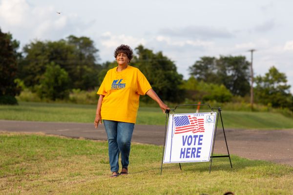 Community organizer Betty Smith at the polling site at Senator Robert L Crook Armory in Drew, Mississippi.