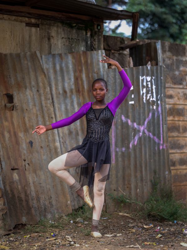 Portrait of dancer Brenda Branice, 14, outside Project Elimu in Nairobi’s largest informal settlement of Kibera, on May 7, 2022.