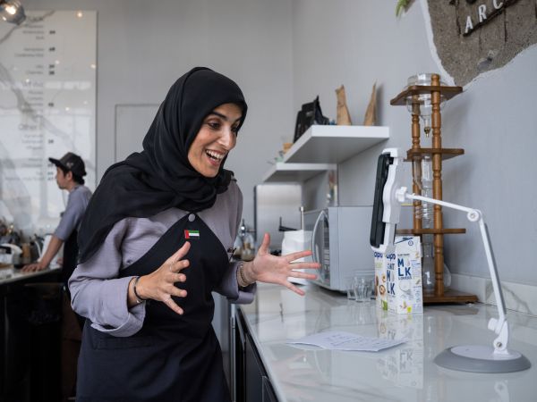 Entrepreneur Nooran Al Bannay, founder of Coffee Architecture, hosts a weekly Instagram Live to grow modern coffee culture in Abu Dhabi, the capital of the United Arab Emirates, from behind the country of her popular cafe on July 18, 2022.