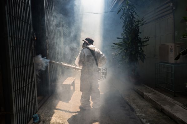 After a serious outbreak of dengue fever in the Chinatown area of Bangkok in which a man died, the Bangkok Metropolitan Administration came in to fumigate the area and advice locals on possible breeding ground of mosquitos.