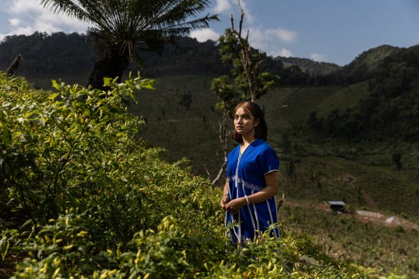 Jindarat Rampaipanom, 20, stands in a chilli field next to her village.