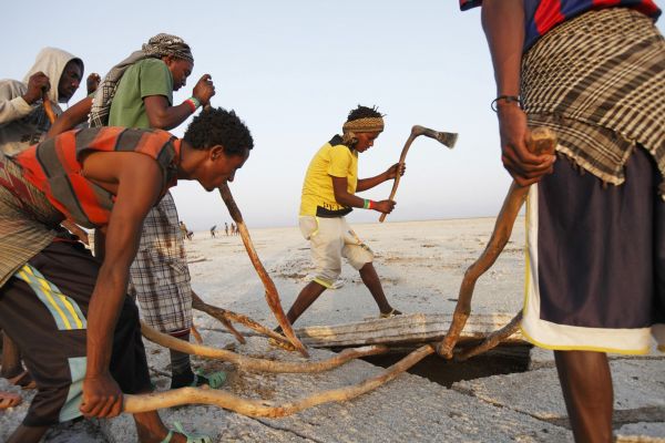 Salt workers break up a large slab of salt from the ground in the Danakil Depression.