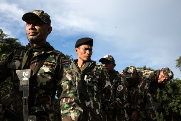 New recruits and experienced Thai forest rangers learn patrol techniques during a 4 day forest ranger refresher/training course in Ta Praya National Park.