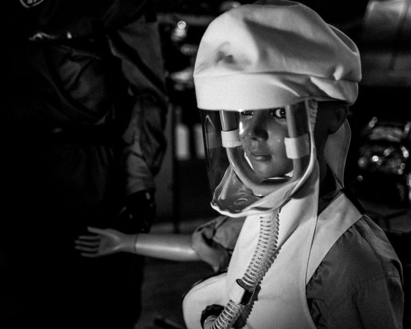 A chemical protection suit for children.
