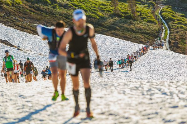 Ultra-runners head up to the escarpment at the top of the 3.8 mile climb at the start of the 100 mile Western States Endurance Run on Saturday, June 24, 2017 at Squaw Valley Ski Resort in Olympic Valley, CA.