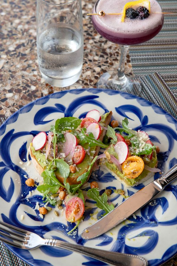 Sunday, July 2nd, 2023: Rosemary Beach, Florida, The Pearl Hotel, The Havana Beach Bar and Grill, Avacado Toast with Printemps cocktail (Empress Gin, Linet Blanc, Cremede Mure, Citrus Mix, Egg White, Elders Bitter)