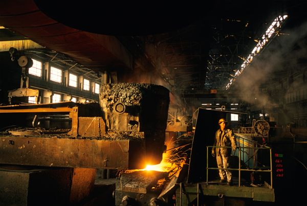 A worker is shown inside the state-owned Tonghua Iron and Steel, also known as TISCO, located in Tonghua, Jilin, China.
