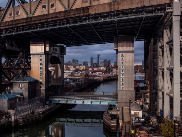 The Smith-Ninth Streets elevated subway station spans the Gowanus Canal in Brooklyn, New York, U.S.A.