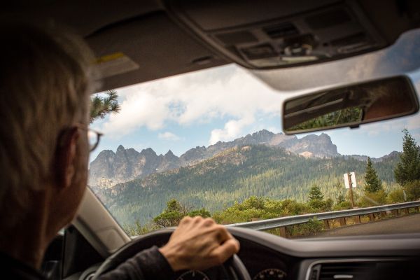 Opera composer, John Adams, drives to the Sierra Buttes trailhead outside of Sierra City, California on September 7, 2017.